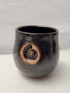 Rustic Ammonite Fossil Mug - 10oz Handcrafted Black Ceramic with Metallic Glaze